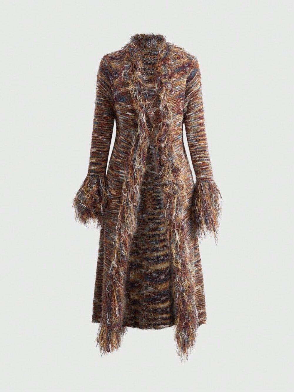 Multicolor Boho Women's Fringe Striped Long Sleeve Maxi Cardigan